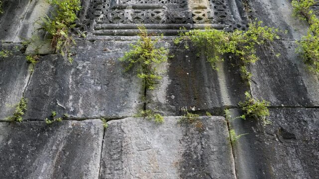 Ancient Georgian Orthodox Christian church with unique carved ornaments around the window, and green plants on the stone wall.