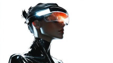 A sleek modern woman in bold attire and a glowing AR headset projecting futuristic visuals, isolated on white
