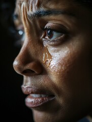 A close-up portrait of a woman in tears of joy captures genuine emotion, illuminated by studio lighting that enhances her heartfelt expression.