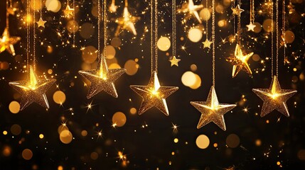 Obraz premium Elegant Gold Stars and Sparkling Lights Against Dark Background for Festive or Celebration Themes, Perfect for Holiday Decorations and Event Invitations
