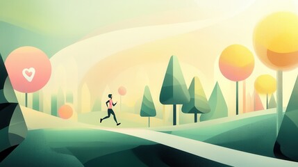 Flat Style Illustration of People Jogging in a Sunlit Park
