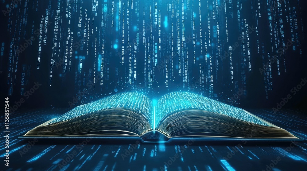 Poster open book with glowing digital text and binary code falling, representing knowledge, information, te