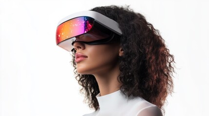 Fototapeta premium A stylish futuristic woman wearing a sleek augmented reality headset with vibrant holograms, on white