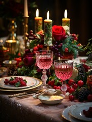 Naklejka premium A vibrant dining table, adorned with colorful decorations and twinkling lights, sets the scene for joyful celebrations and memorable gatherings.