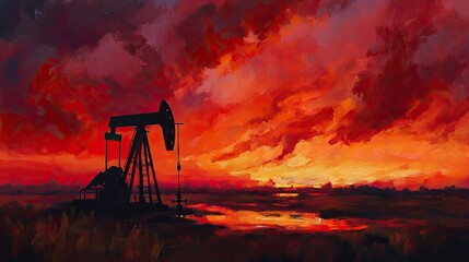 Dramatic Sunrise Over Oil Pump Jack in a Colorful Landscape with Fiery Skies and Reflective Water, Capturing the Essence of Energy Production and Nature's Beauty