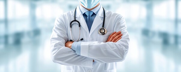 A confident doctor in a white coat stands with arms crossed, showcasing professionalism in a clinical environment.