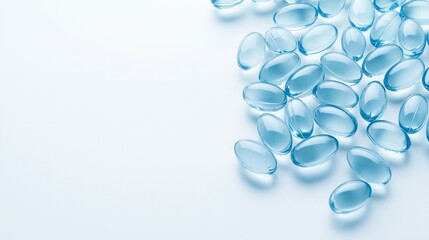 A collection of blue gel capsules scattered on a light background.