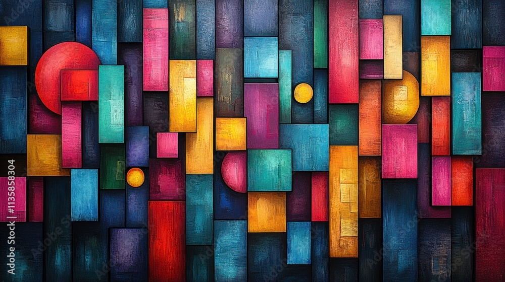 Poster A vibrant abstract composition featuring colorful geometric shapes and patterns.