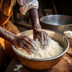 Fototapeta premium Hands Kneading Dough: A Rustic African Food Preparation Scene