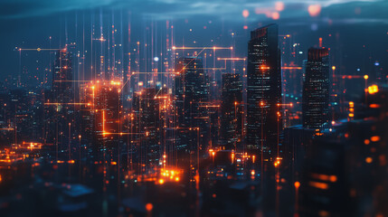 Fototapeta premium Smart digital Innovation city with connection network reciprocity over the cityscape. of future smart wireless digital city and social media networking systems that connects people with in city