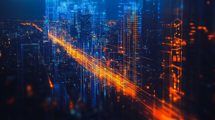 Fototapeta premium Smart digital Innovation city with connection network reciprocity over the cityscape. of future smart wireless digital city and social media networking systems that connects people with in city