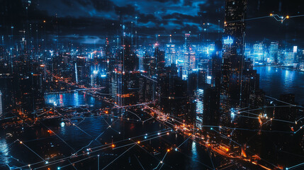Smart digital Innovation city with connection network reciprocity over the cityscape. of future smart wireless digital city and social media networking systems that connects people with in city