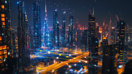 Fototapeta premium Smart digital Innovation city with connection network reciprocity over the cityscape. of future smart wireless digital city and social media networking systems that connects people with in city