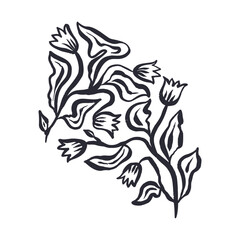 Black and white minimal abstract inky line art flower. Monochrome sketchy textured loose floral doodles. Hand drawn botanical abstraction