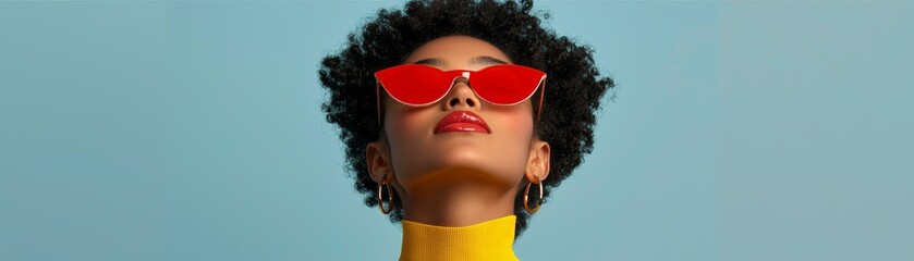 Naklejka premium A fashionable individual wearing red sunglasses and a yellow top, exuding confidence against a clear blue sky backdrop.