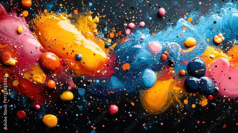 Poster a vibrant abstract composition of colorful paint splashes on a dark background.