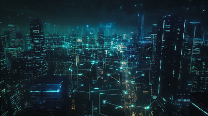 Obraz premium Smart digital Innovation city with connection network reciprocity over the cityscape. of future smart wireless digital city and social media networking systems that connects people with in city
