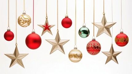 Collection of hanging Christmas ornaments, including red and gold balls, green baubles, and gold stars, on a white background. 