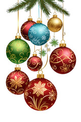 A festive Christmas tree branch decorated with colorful ornaments. leaves. and a white backdrop.