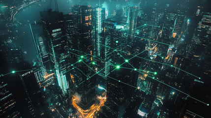 Smart digital Innovation city with connection network reciprocity over the cityscape. of future smart wireless digital city and social media networking systems that connects people with in city
