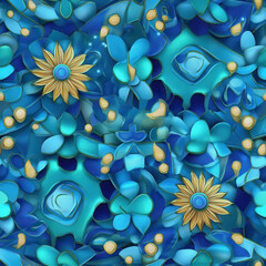 Vibrant blue floral pattern featuring golden flowers and intricate designs, creating lively and artistic atmosphere. Perfect for textiles or digital backgrounds