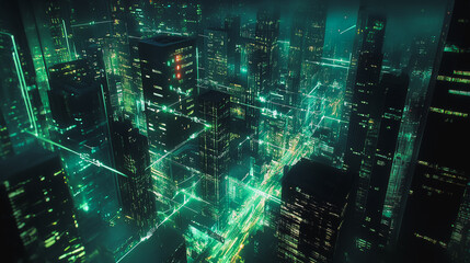 Naklejka premium Smart digital Innovation city with connection network reciprocity over the cityscape. of future smart wireless digital city and social media networking systems that connects people with in city