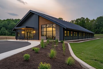 Modern architectural design of a rural building framed by lush greenery and soft evening light showcasing a blend of metal and wood elements for contemporary aesthetics
