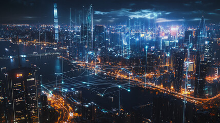 Smart digital Innovation city with connection network reciprocity over the cityscape. of future smart wireless digital city and social media networking systems that connects people with in city