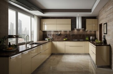 Contemporary Modular Beige Kitchen Design With Glossy Finish