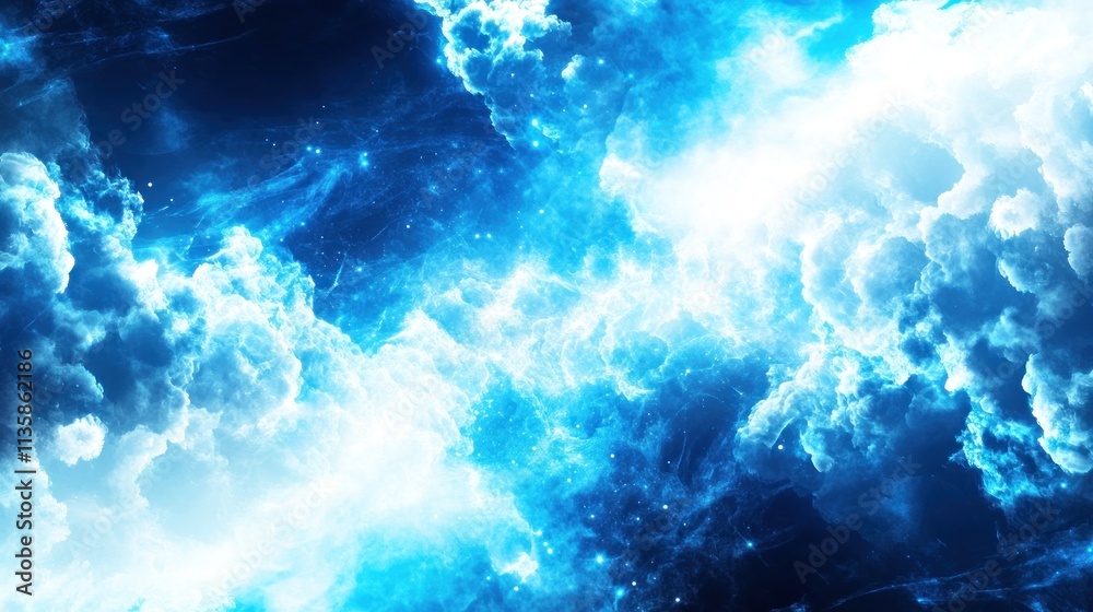Poster a vibrant abstract representation of clouds and light in a cosmic blue atmosphere.