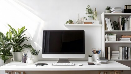 Modern Home Office Workspace Desk Computer Plants