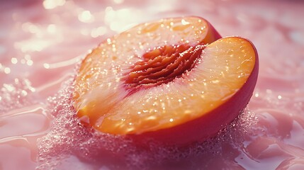 Close-up of a peach slice resting on a pastel cream surface, its fuzzy golden texture contrasting with glossy juice droplets, glowing under soft sunlight, cinematic sharpness, vivid tones, hd quality.