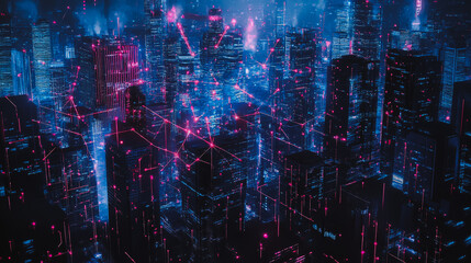 Smart digital Innovation city with connection network reciprocity over the cityscape. of future smart wireless digital city and social media networking systems that connects people with in city