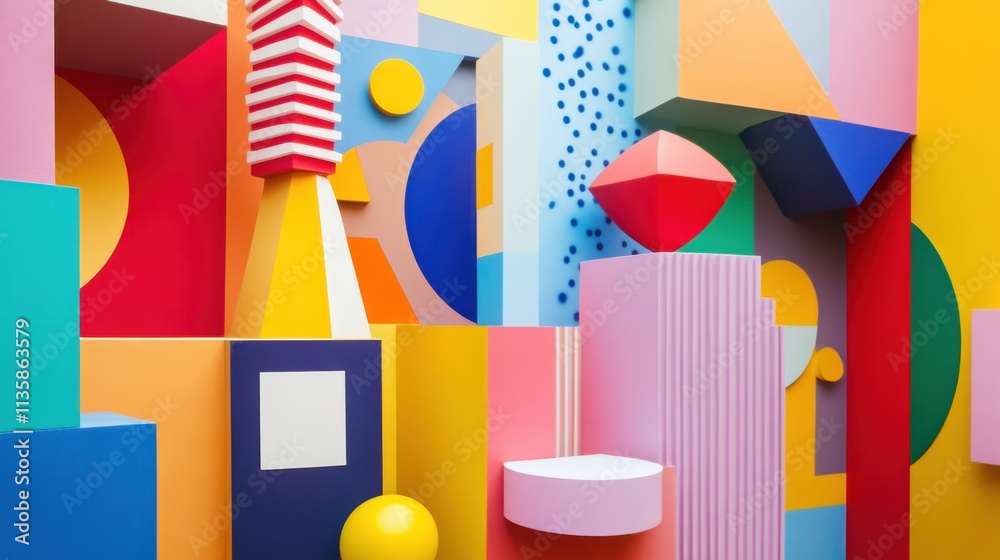 Poster a vibrant arrangement of geometric shapes and colors creating a playful, artistic backdrop.