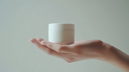 closed up hand and cream jar. Beautiful woman applying skin care cream from white cream jar, Set for spa, skin care and body products and solutions for skin problems such as scars, acne, wrinkles.