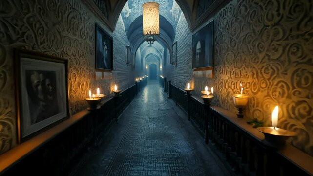 Camera glides smoothly through a narrow, winding corridor in a haunted mansion, shrouded in darkness