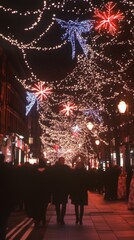 Festive city street lit with colorful decorations and crowded with people