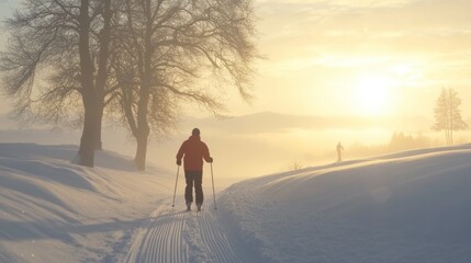 Cross-country skier silhouetted against a foggy sunrise