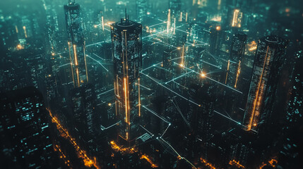 Obraz premium Smart digital Innovation city with connection network reciprocity over the cityscape. of future smart wireless digital city and social media networking systems that connects people with in city