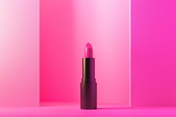 A vibrant pink lipstick positioned elegantly against a bright pink backdrop.