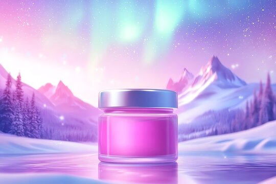 A vibrant pink cream jar illuminated by northern lights in a serene snowy landscape.