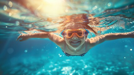 Fototapeta premium Cute smiling child having fun swimming and diving in the pool at the resort on summer vacation. Sun shines under water and sparkling water reflection. Activities and sports to happy kid