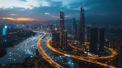 Fototapeta premium Smart digital Innovation city with connection network reciprocity over the cityscape. of future smart wireless digital city and social media networking systems that connects people with in city