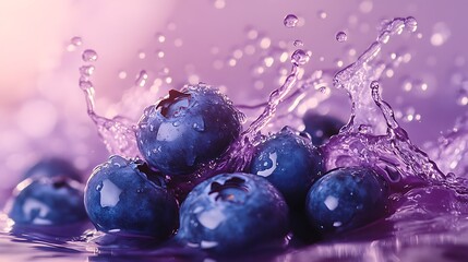 Close-up of blueberries in motion, glistening water droplets shimmering under soft light, dynamic splashes creating energy, pastel lavender background enhancing the elegance and freshness,