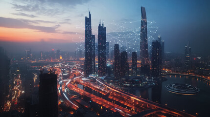 Obraz premium Smart digital Innovation city with connection network reciprocity over the cityscape. of future smart wireless digital city and social media networking systems that connects people with in city