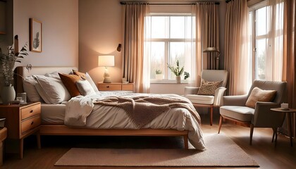 Obraz premium Cozy Modern Bedroom Interior Design Neutral Tones Natural Light