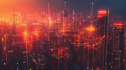 Fototapeta premium Smart digital Innovation city with connection network reciprocity over the cityscape. of future smart wireless digital city and social media networking systems that connects people with in city