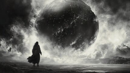 Monochrome Seascape: A lone figure witnesses a colossal planet descending upon a stormy ocean.