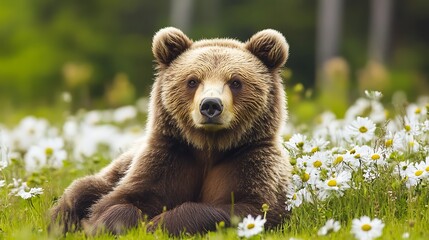 Fototapeta premium Brown Bear in a Field of Daisies. Wildlife, Nature, Forest, Animal