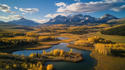 Breathtaking landscape with mountains and clear lakes. The autumn foliage adds vibrant colors to the serene scenery. A true visual escape into nature. Generative AI